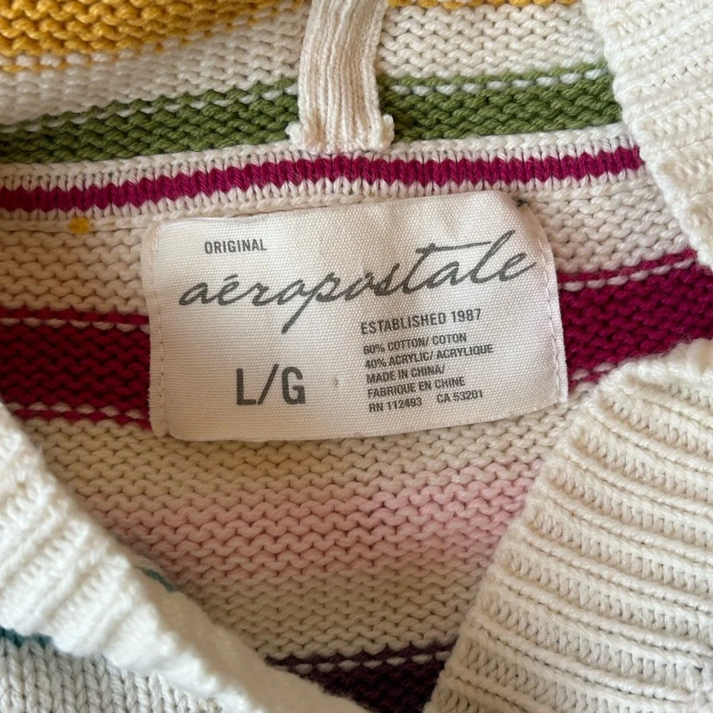 Aeropostale Women’s Hoodie Sweater Cream w/ Multicolor Rainbow Stripes Sz Large